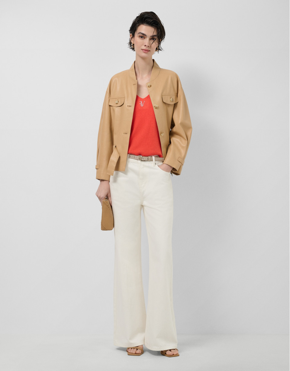Short camel nappa leather jacket with belt | Roberto Verino