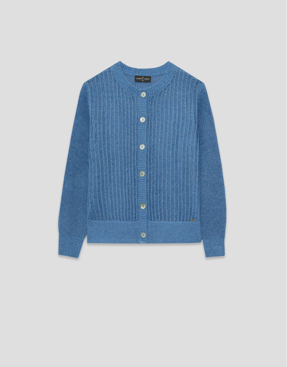 Blue openwork knit cardigan with lurex - Woman | Roberto Verino