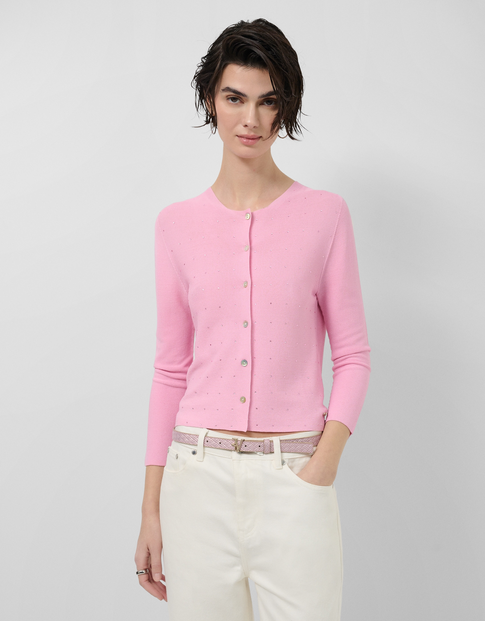 Pink bobble knit short jacket with appliqués | Roberto Verino