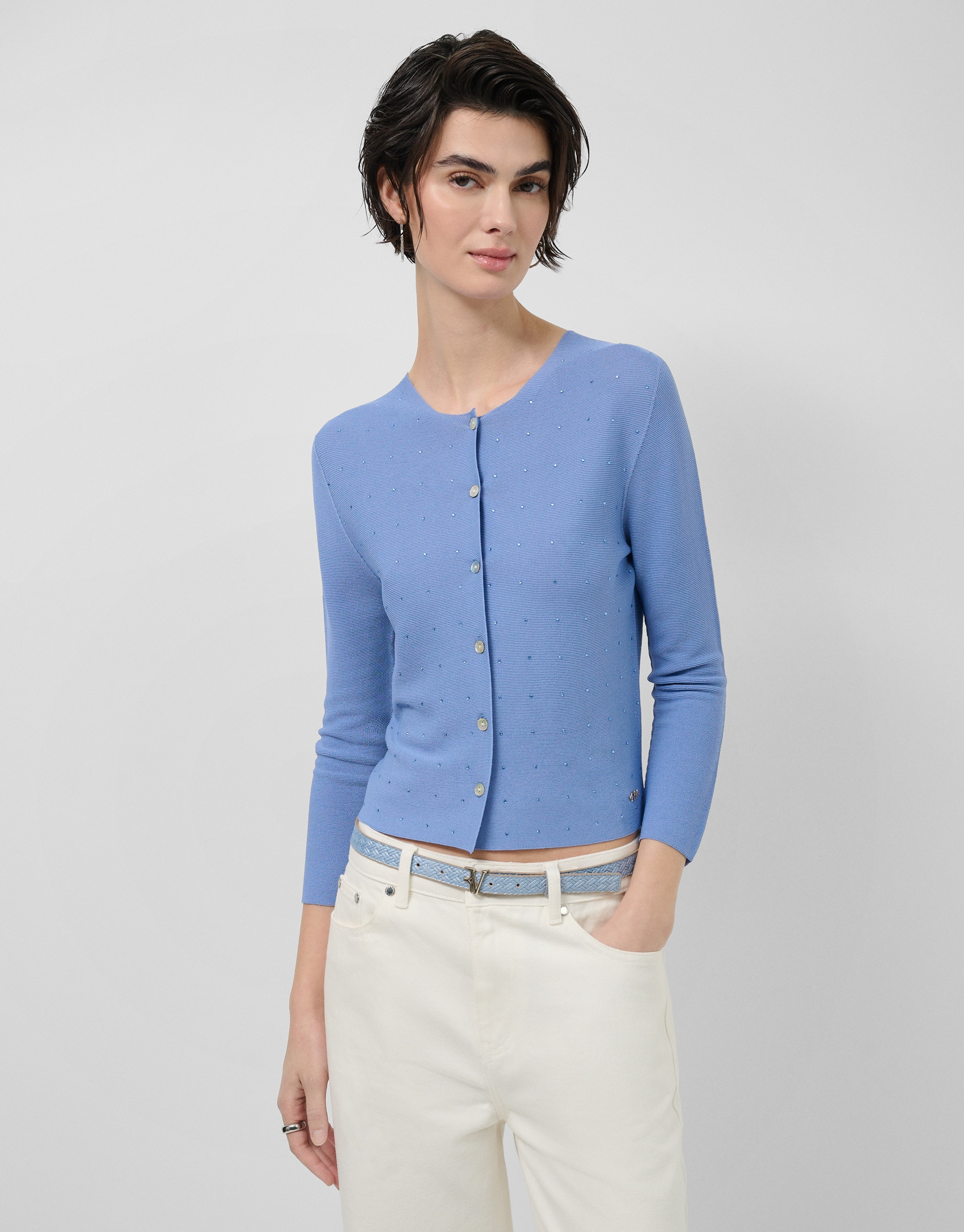 Light blue bobble knit short jacket with ... | Roberto Verino