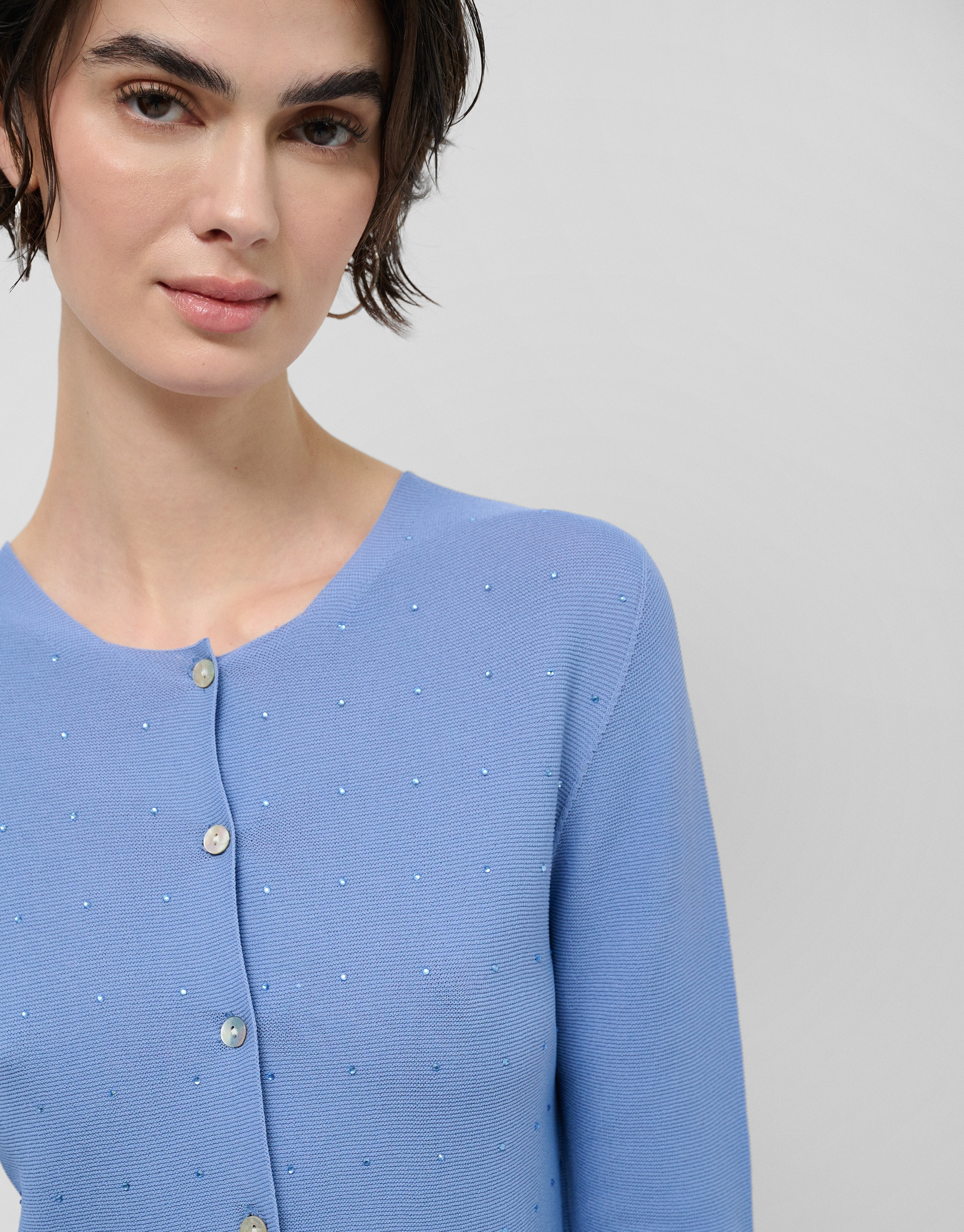 Light blue bobble knit short jacket with ... | Roberto Verino