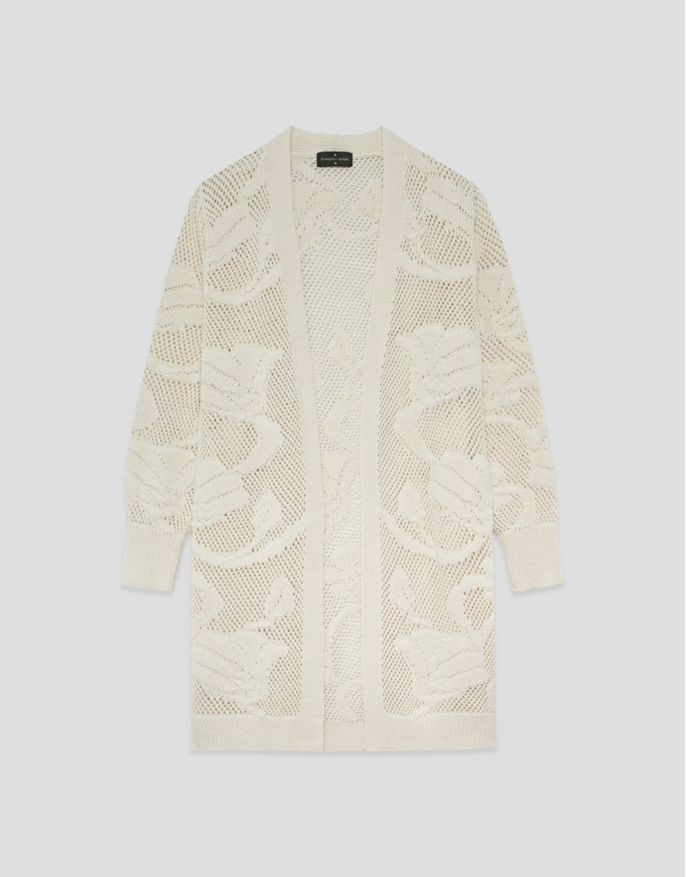 Chaqueta larga beige con calados florales | Roberto Verino