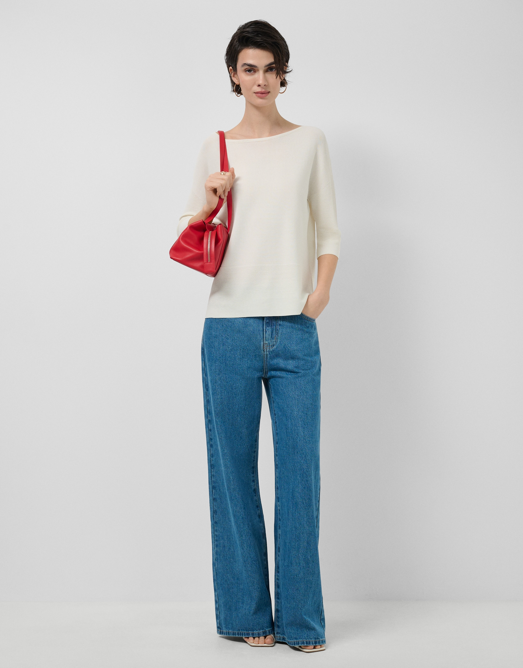 Ecru seamless three-quarter sleeve jumper | Roberto Verino
