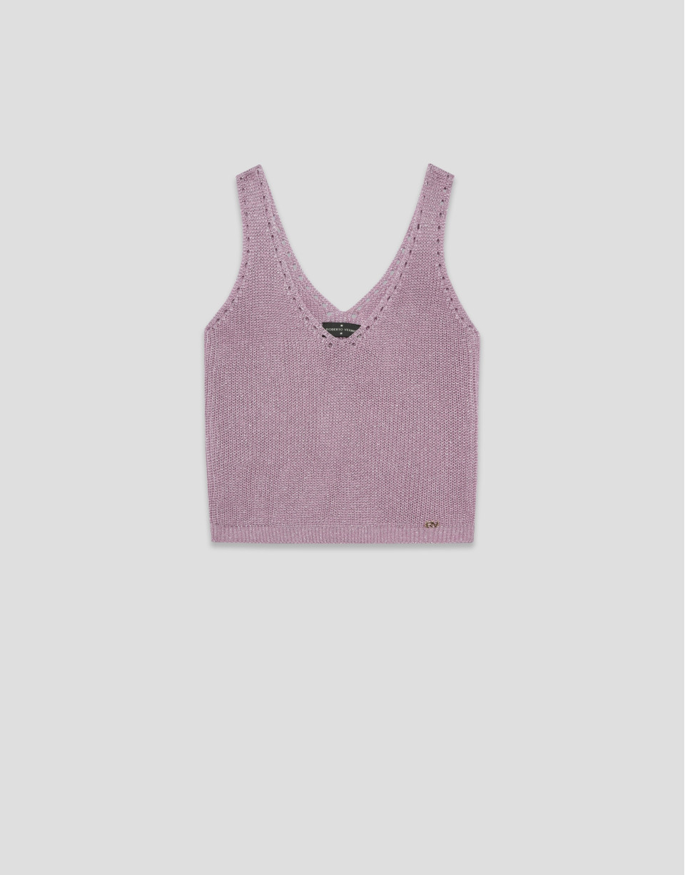 Crop top de sisas punto calado con lúrex rosa | Roberto Verino