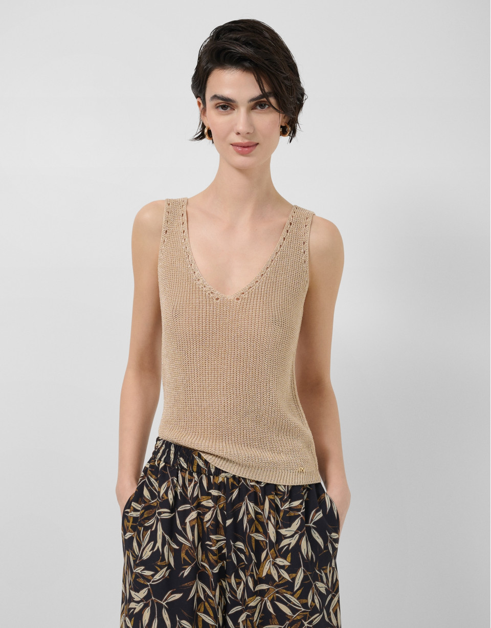Camel lurex openwork knit top - Woman - SS2026 | Roberto Verino