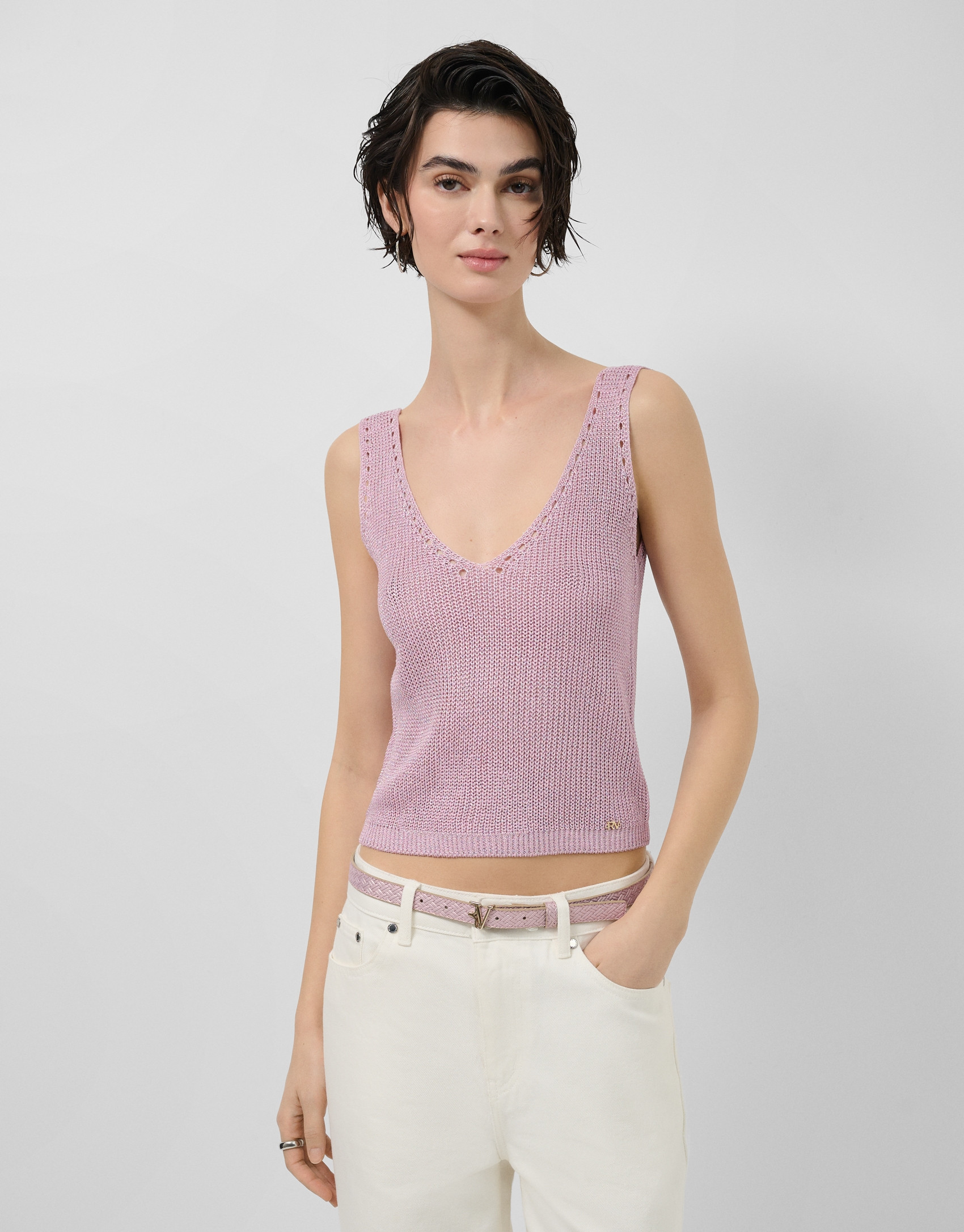 Crop top de sisas punto calado con lúrex rosa | Roberto Verino