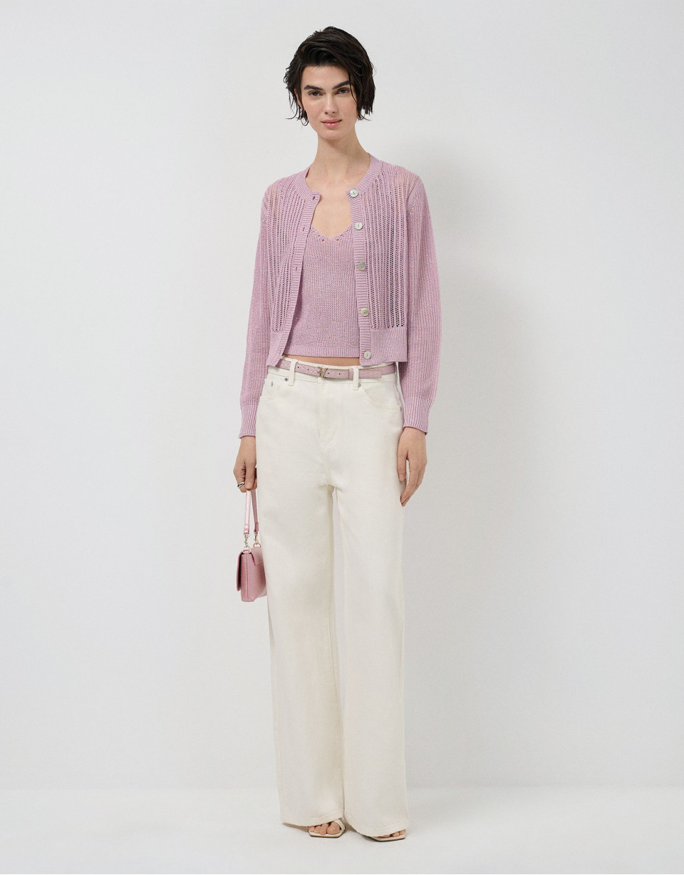 Crop top de sisas punto calado con lúrex rosa | Roberto Verino
