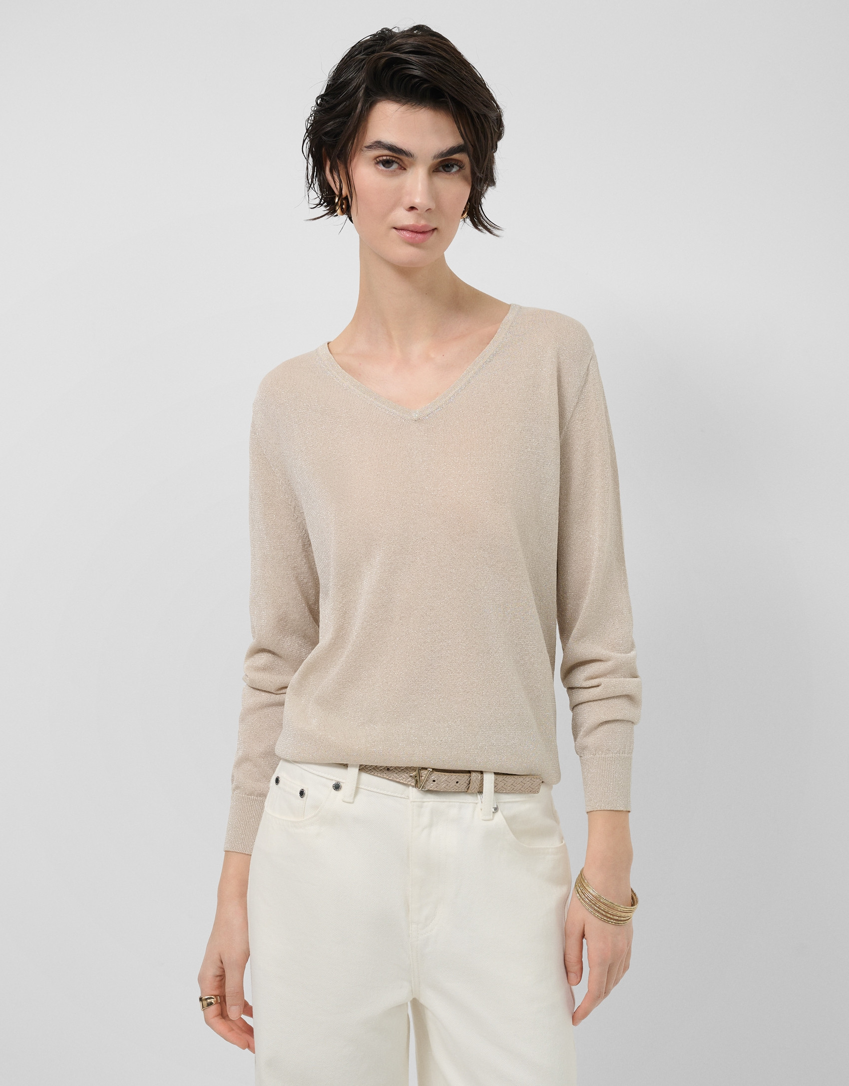 Jersey fino cuello pico beige - Mujer - PV2026 | Roberto Verino