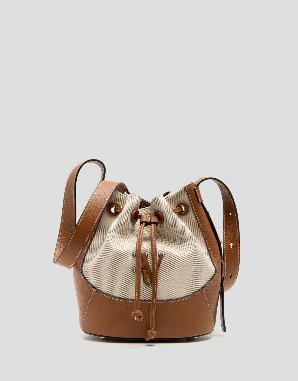 Bolso de hombro Iera Bucket lona y piel cámel | Roberto Verino
