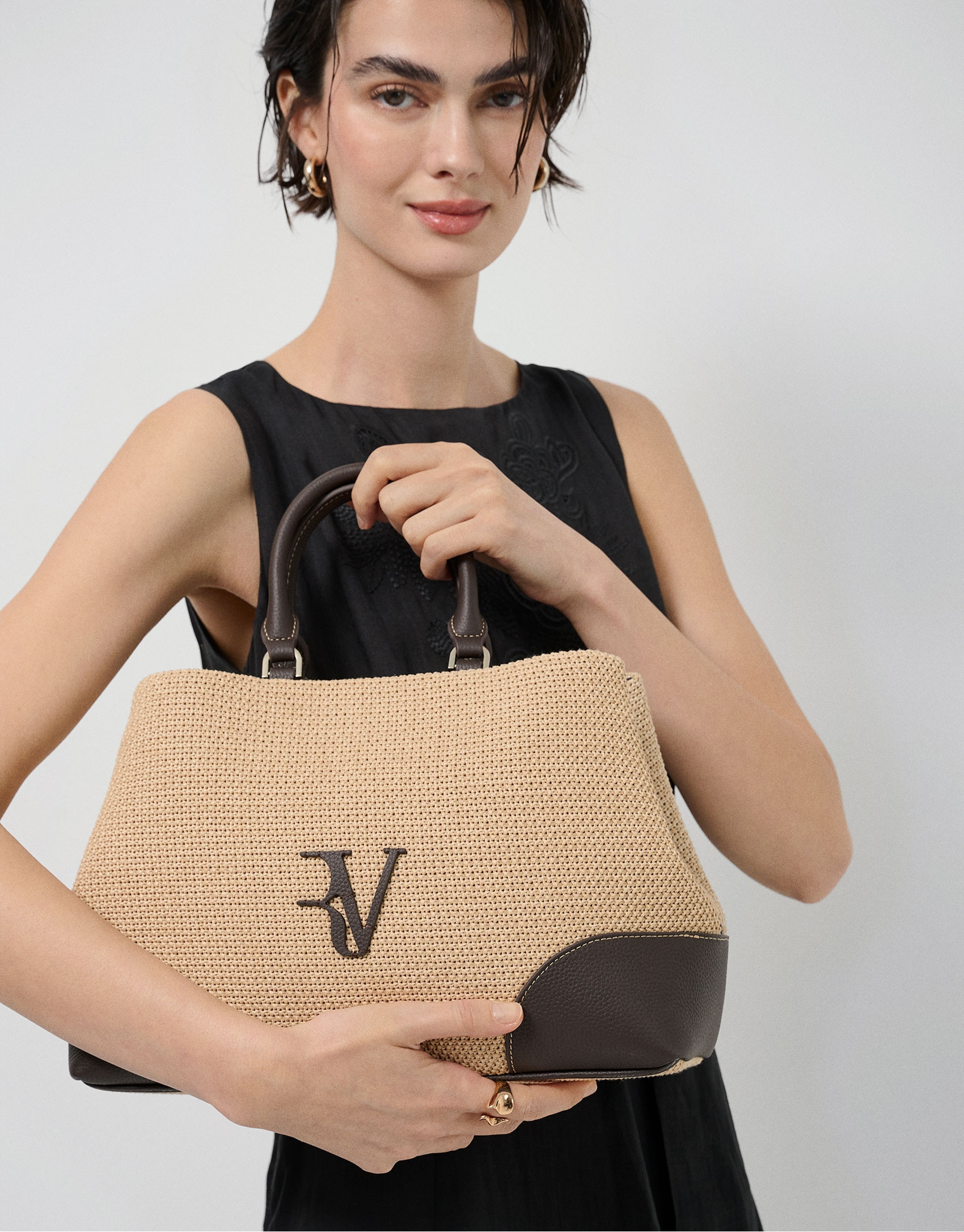 Bolso Vera Satchel beige y piel marrón - Mujer | Roberto Verino
