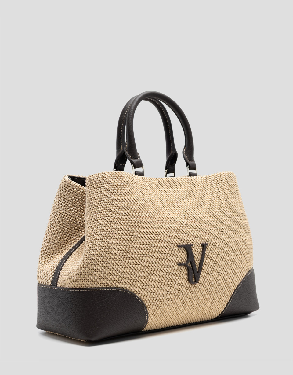 Bolso Vera Satchel beige y piel marrón - Mujer | Roberto Verino