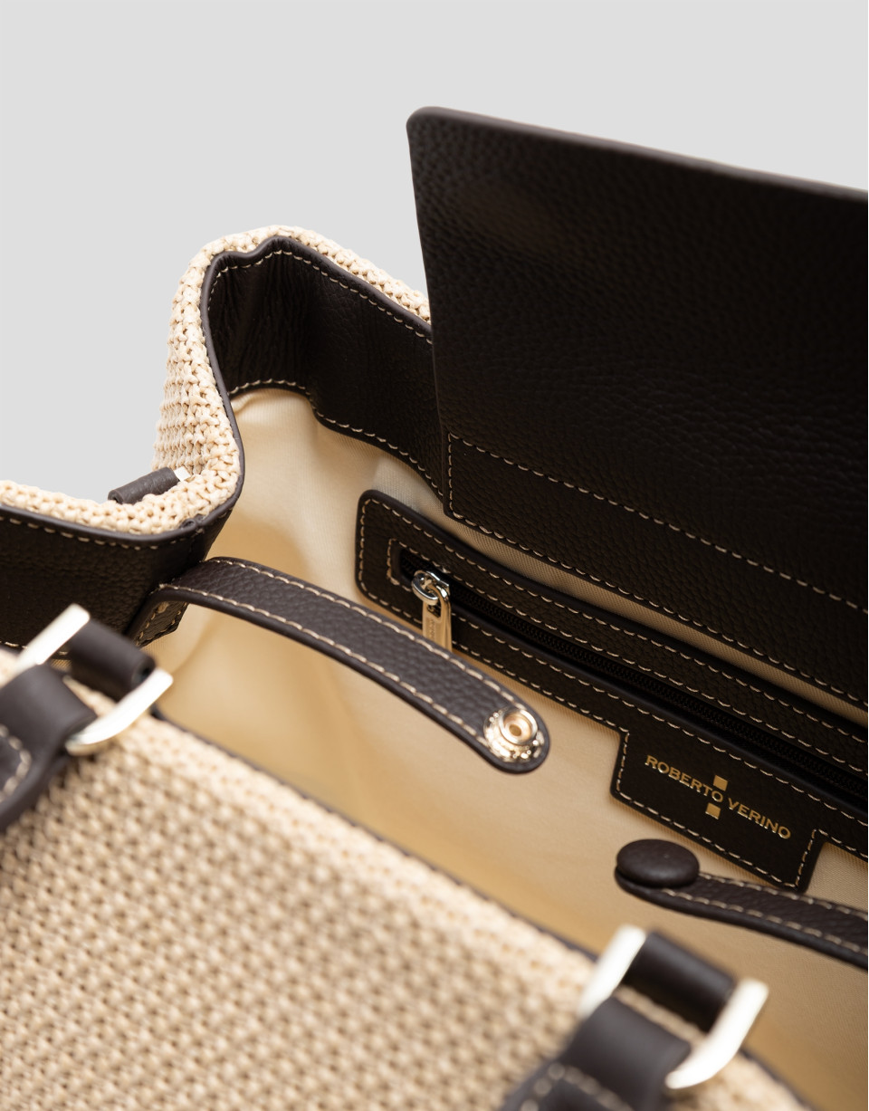 Bolso Vera Satchel beige y piel marrón - Mujer | Roberto Verino