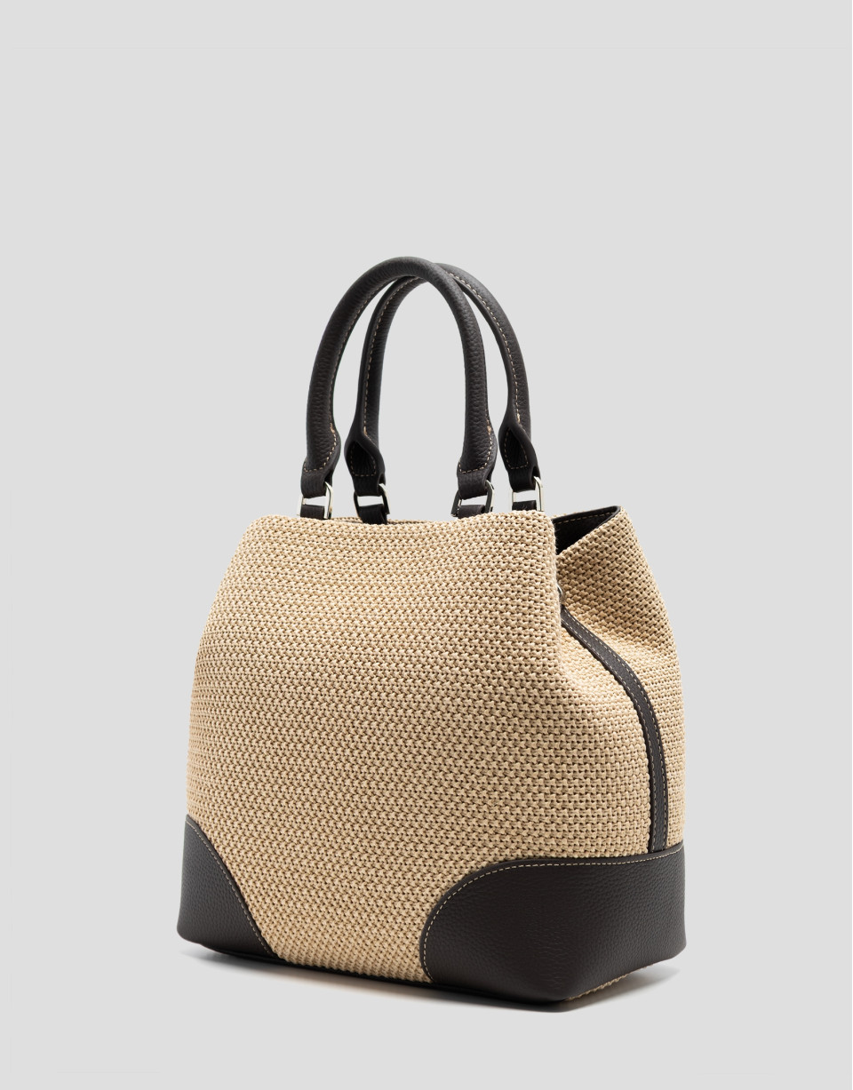 Bolso Vera Bucket beige y piel marrón - Mujer | Roberto Verino