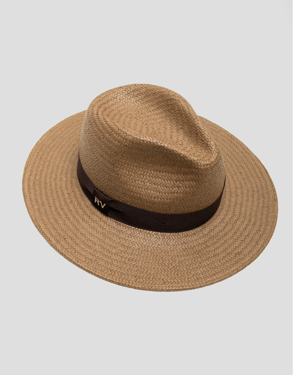 Toasted plant fibre hat with brown ribbon | Roberto Verino