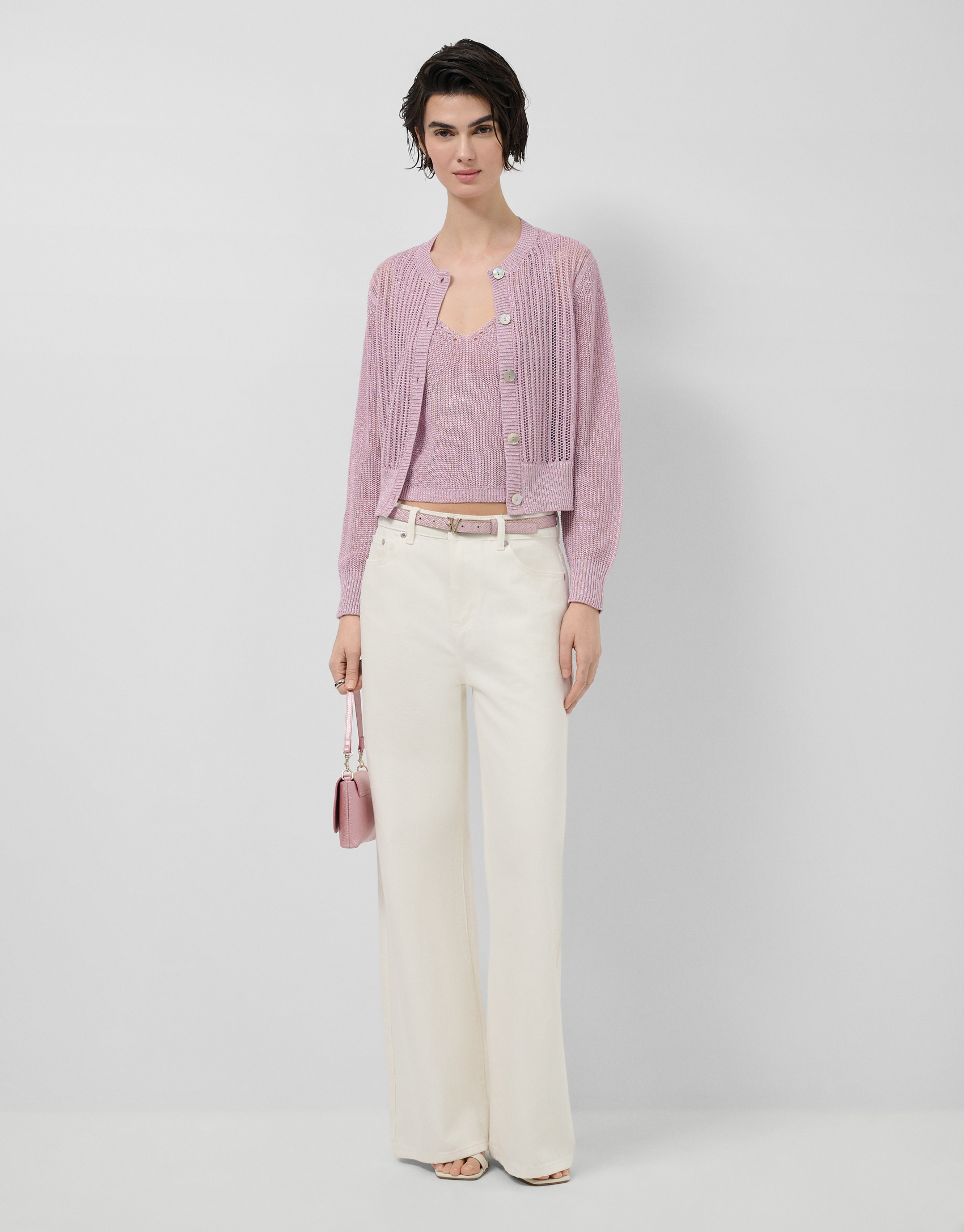 Short openwork knit cardigan with pink lurex | Roberto Verino