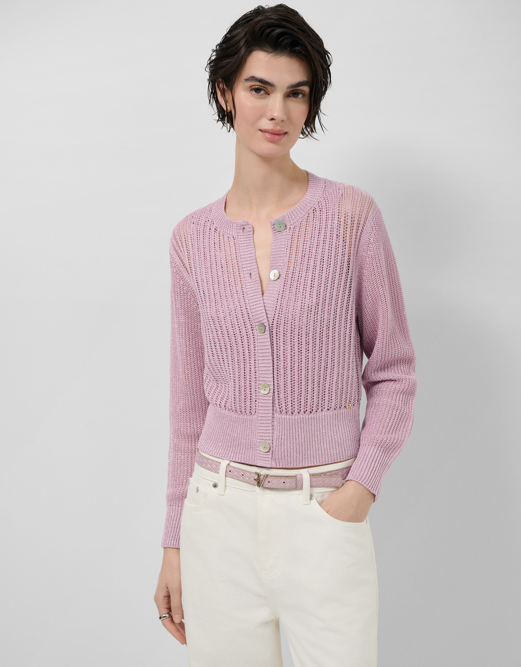Short openwork knit cardigan with pink lurex | Roberto Verino