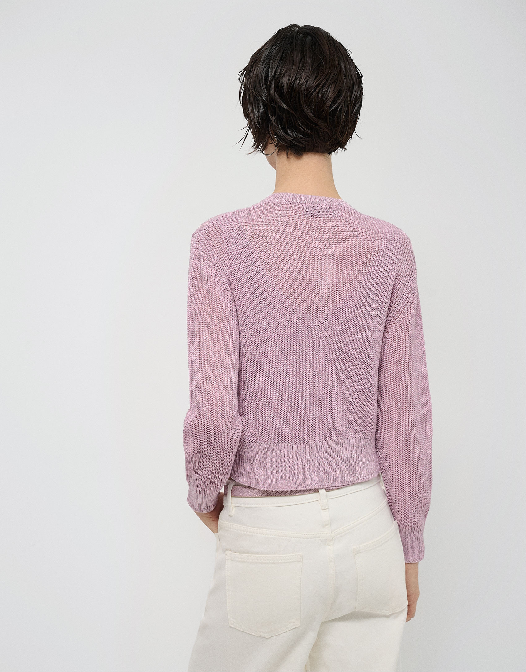 Short openwork knit cardigan with pink lurex | Roberto Verino