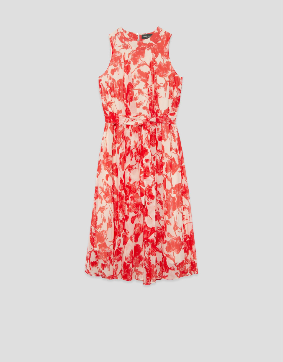 Vestido midi sin mangas beige estampado ... | Roberto Verino
