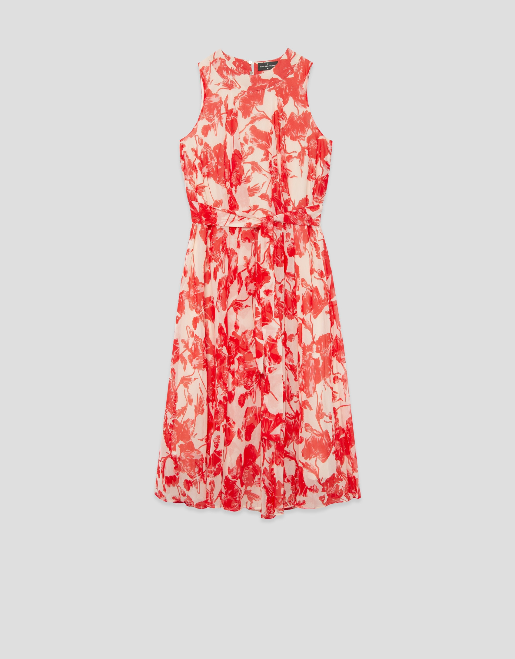Beige midi dress with red floral print - Woman | Roberto Verino