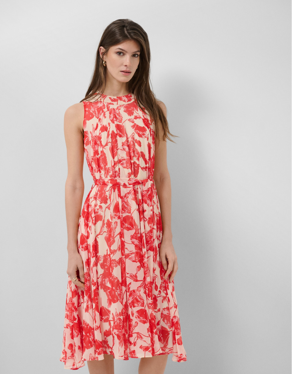Beige midi dress with red floral print - Woman | Roberto Verino