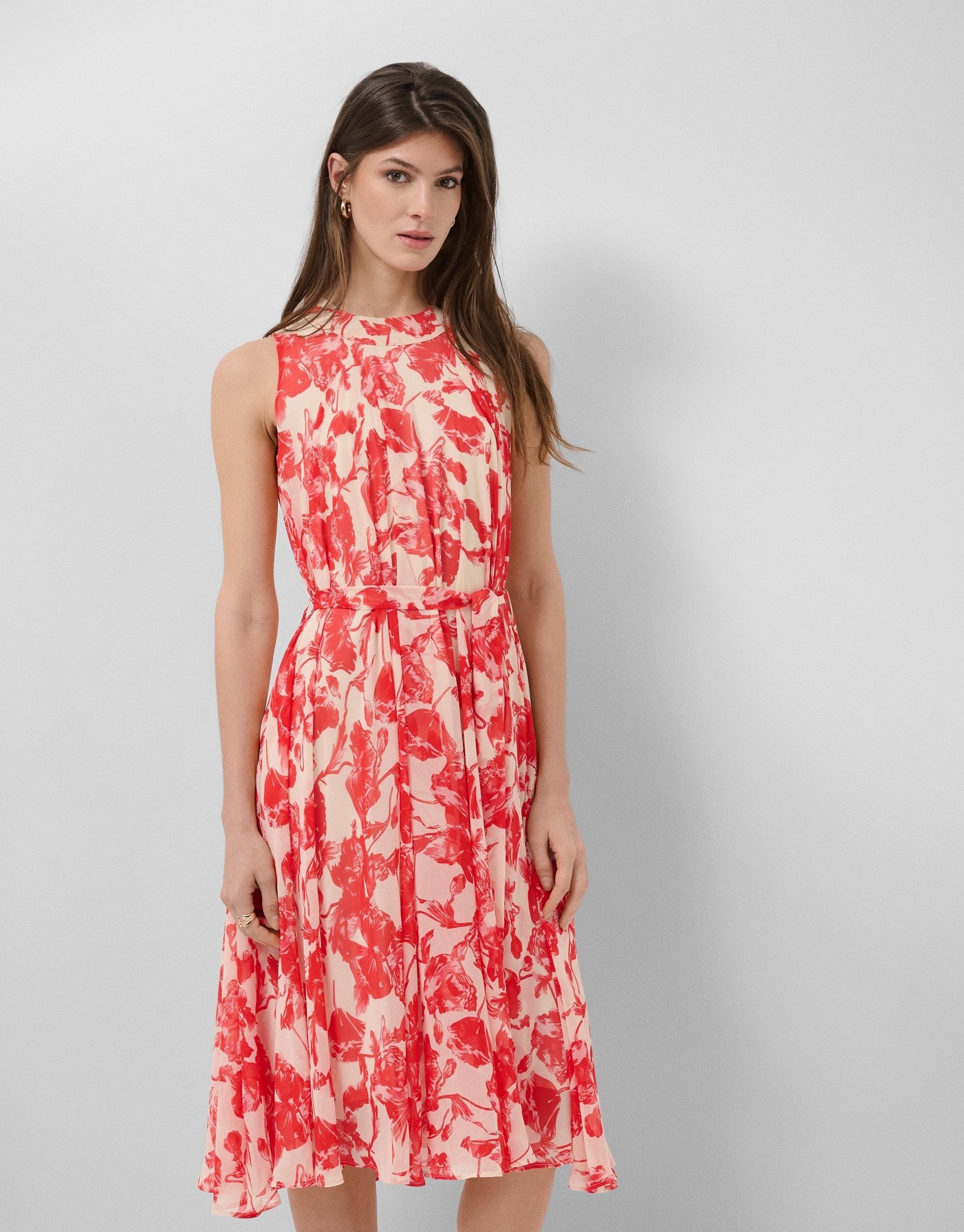 Beige midi dress with red floral print - Woman | Roberto Verino