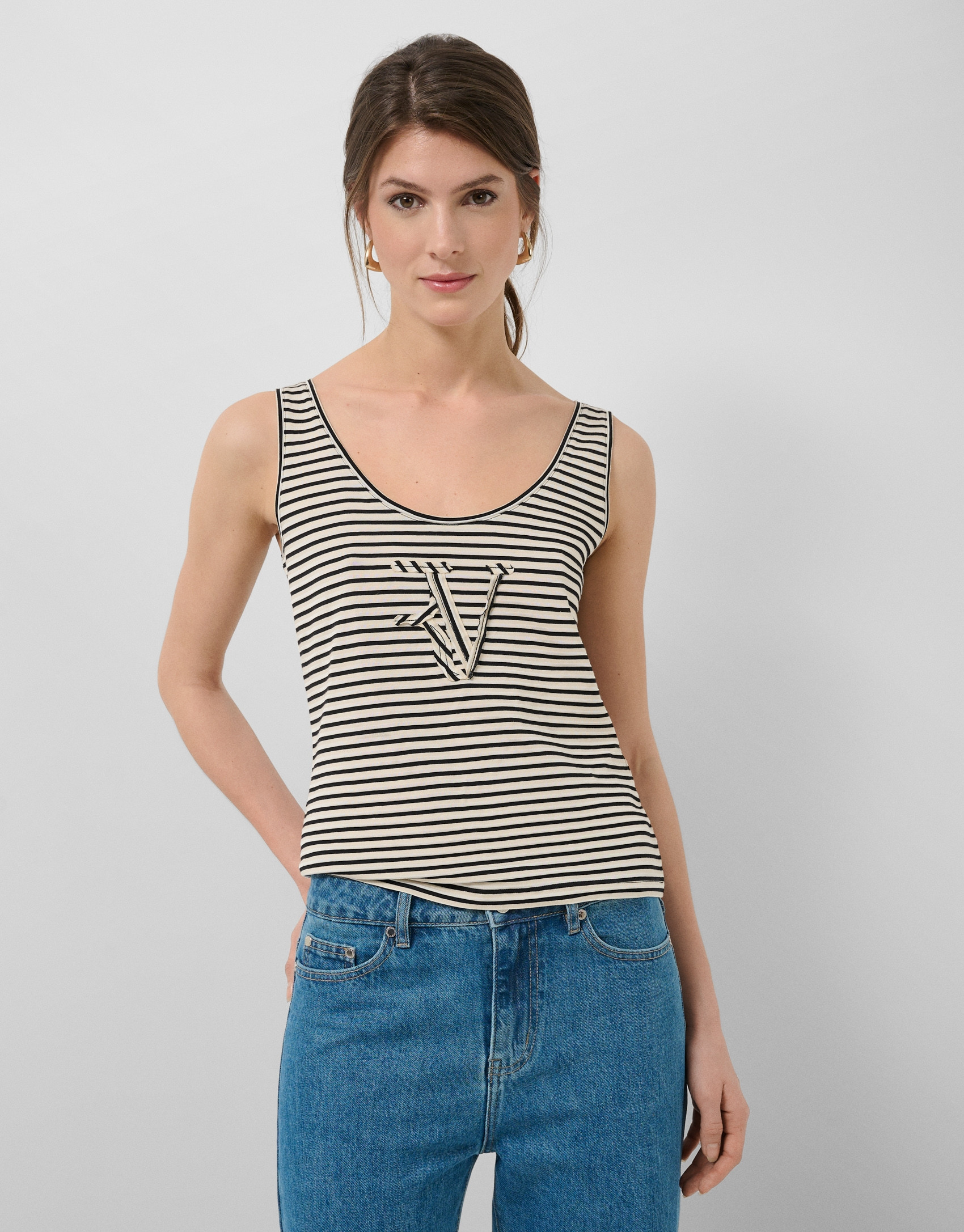 Camiseta tirantes rayas beige/negro - Mujer | Roberto Verino