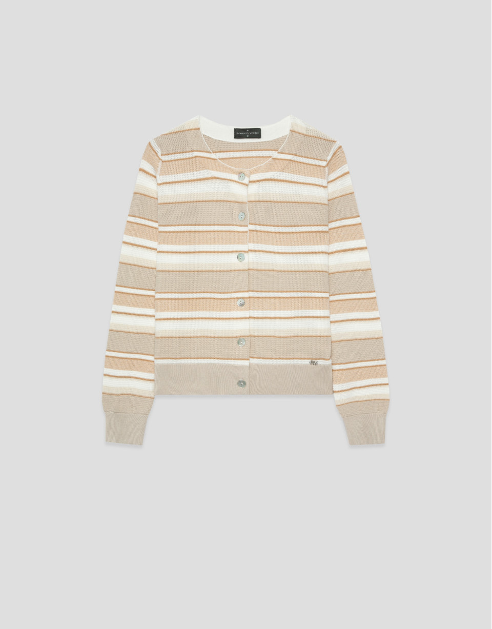 Camel-coloured horizontal striped knit cardigan | Roberto Verino