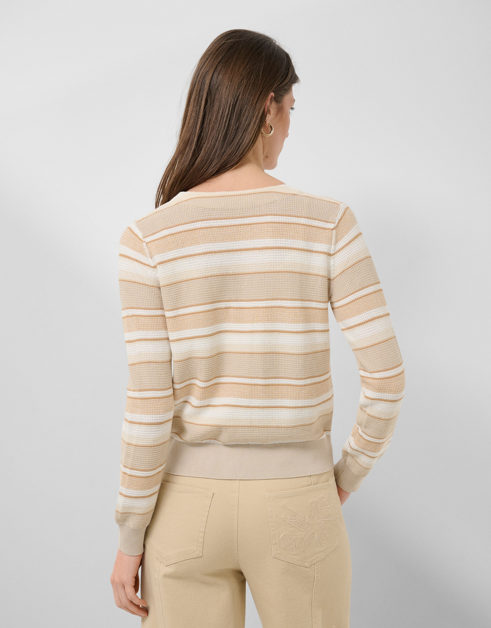 Camel-coloured horizontal striped knit cardigan | Roberto Verino