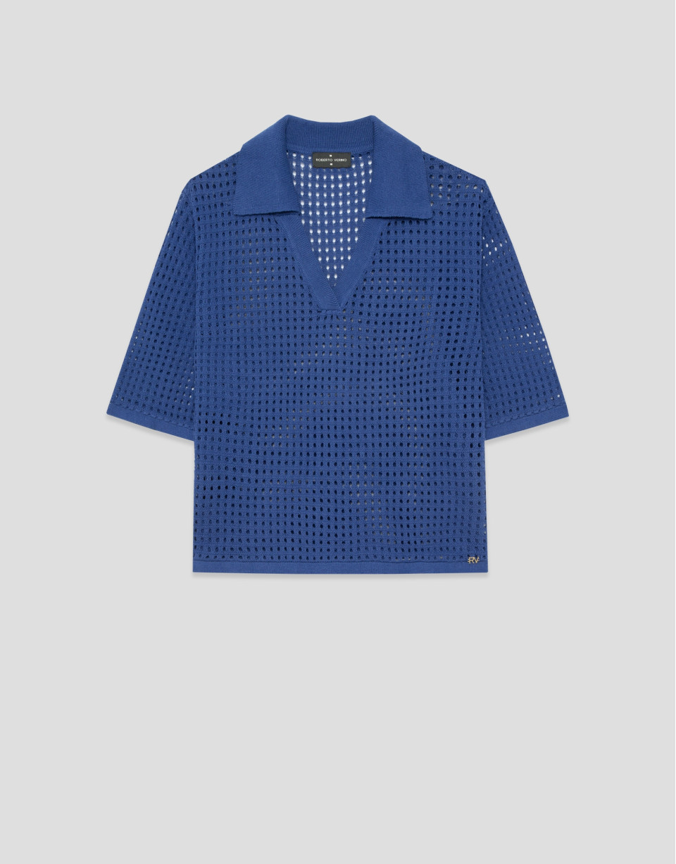Blue openwork polo jumper - Woman - SS2026 | Roberto Verino
