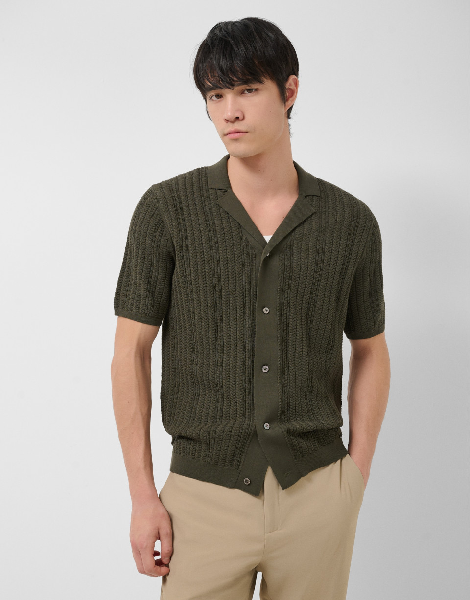 Dark khaki herringbone knit open polo shirt | Roberto Verino