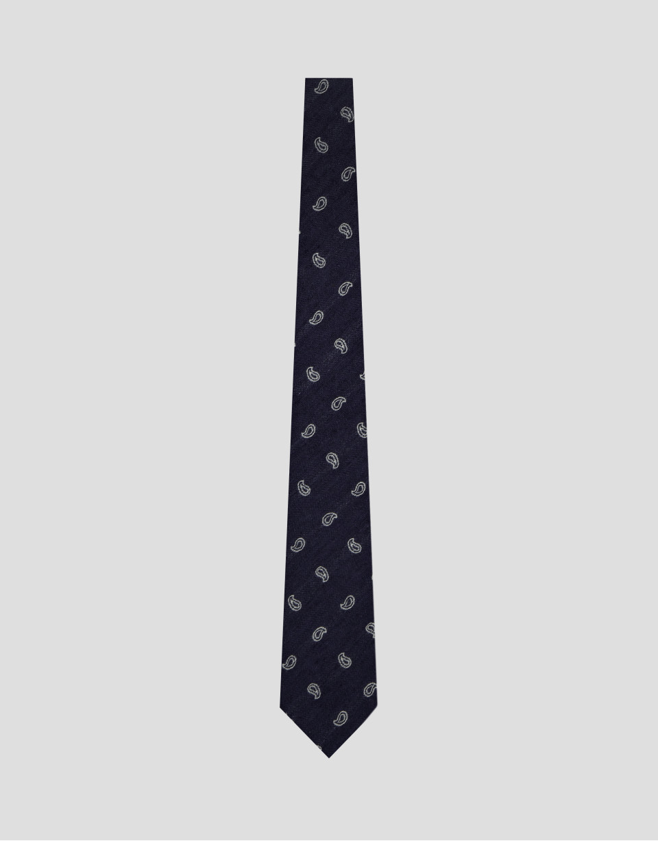 Herringbone silk/linen tie with blue paisley ... | Roberto Verino