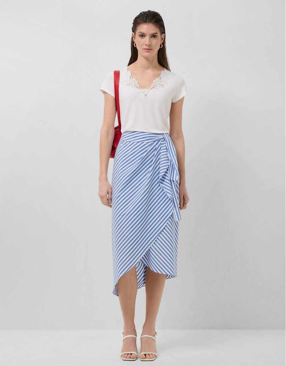 White cotton knotted midi skirt with blue ... | Roberto Verino