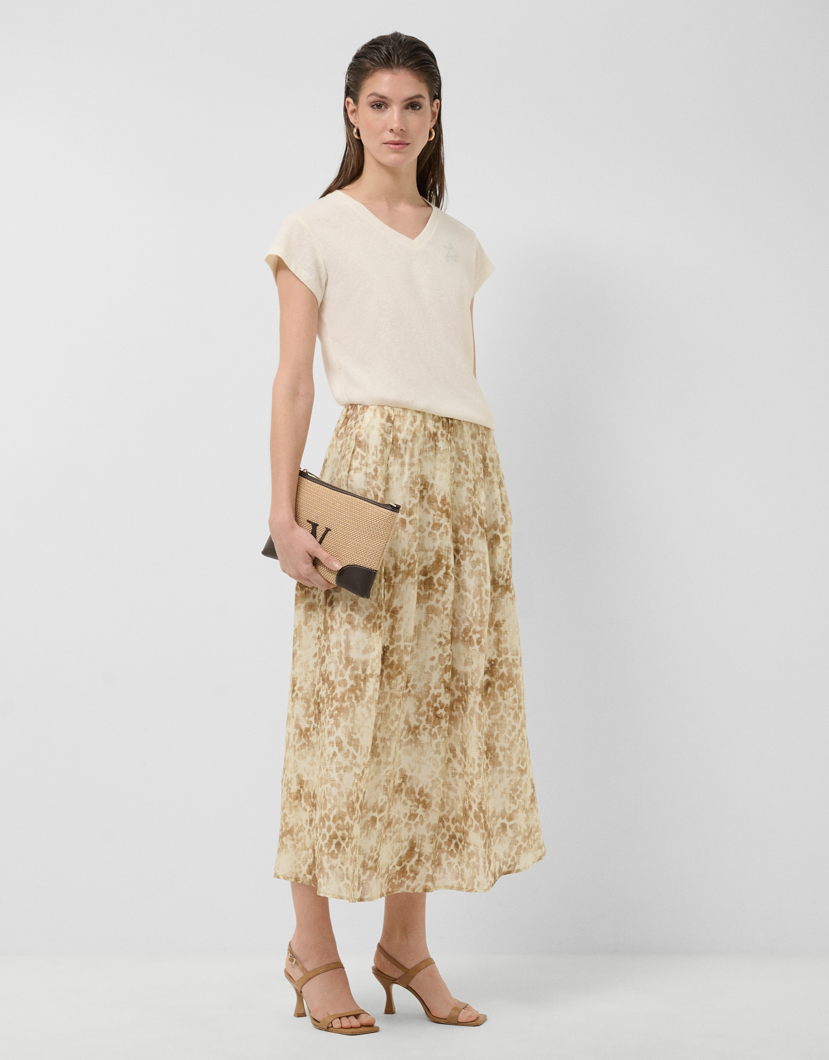 Falda midi crepé estampado tonos beige - Mujer | Roberto Verino