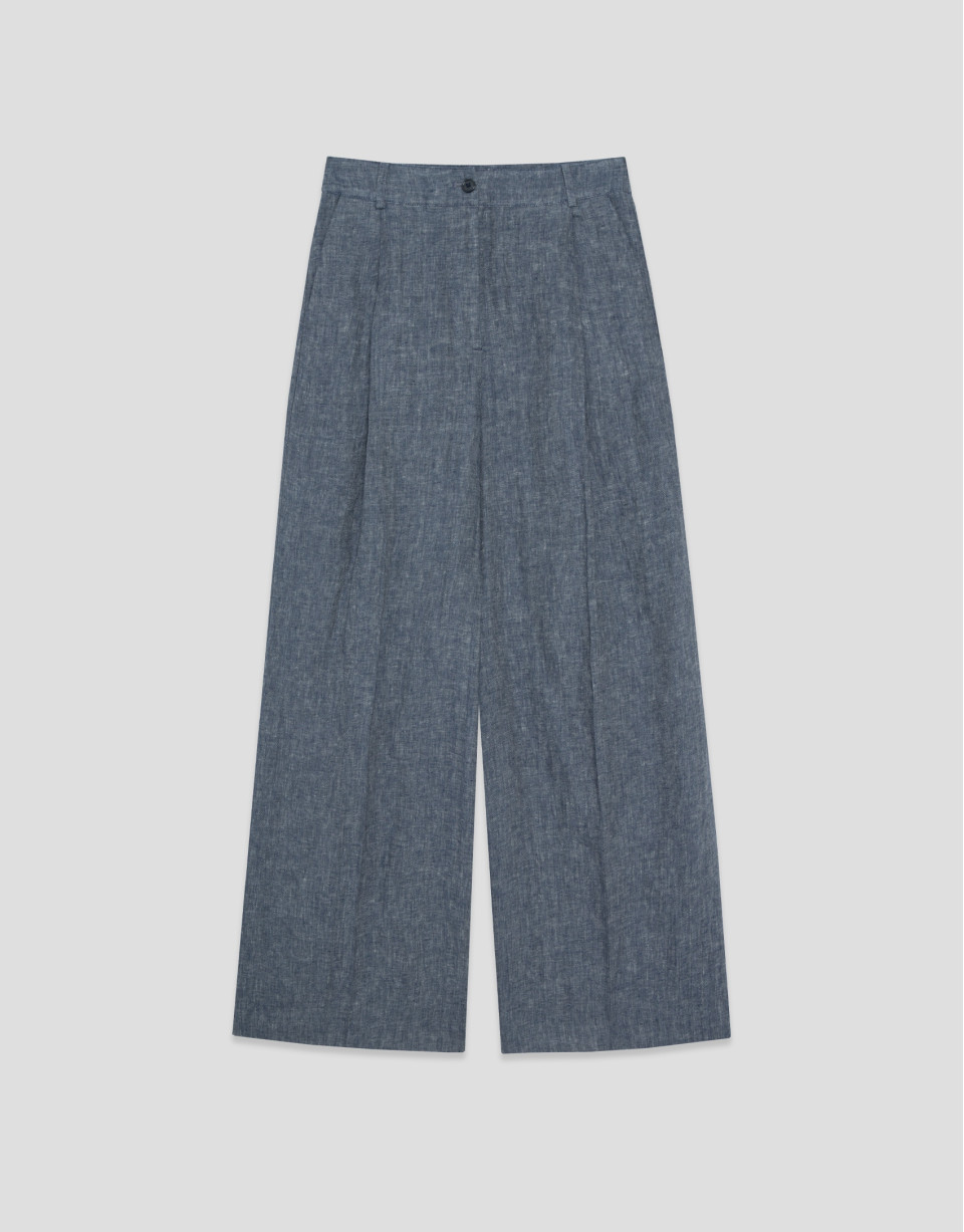 Pantalón ancho con pinzas lino azul - Mujer | Roberto Verino