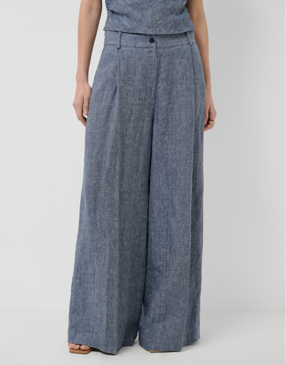 Pantalón ancho con pinzas lino azul - Mujer | Roberto Verino