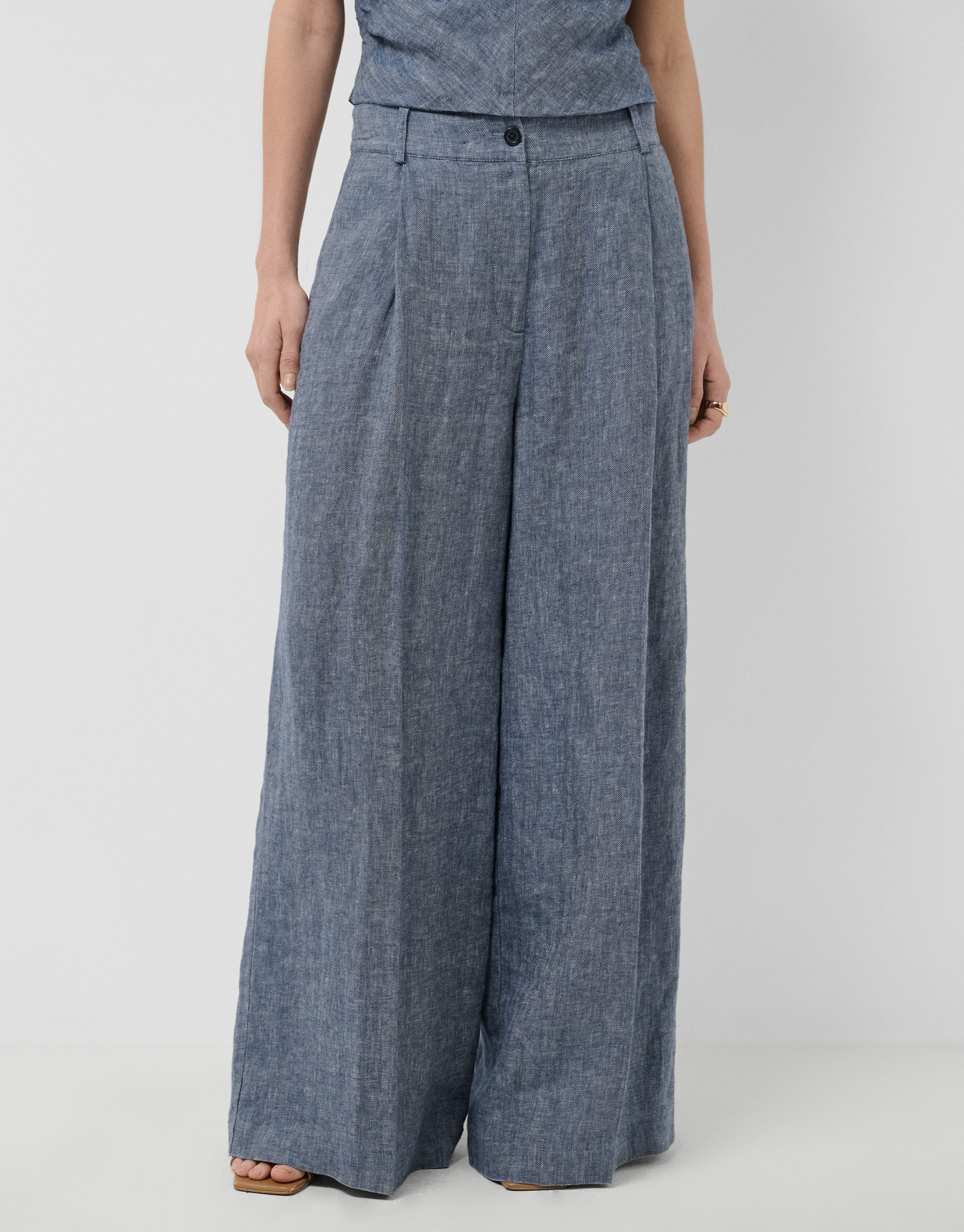 Pantalón ancho con pinzas lino azul - Mujer | Roberto Verino