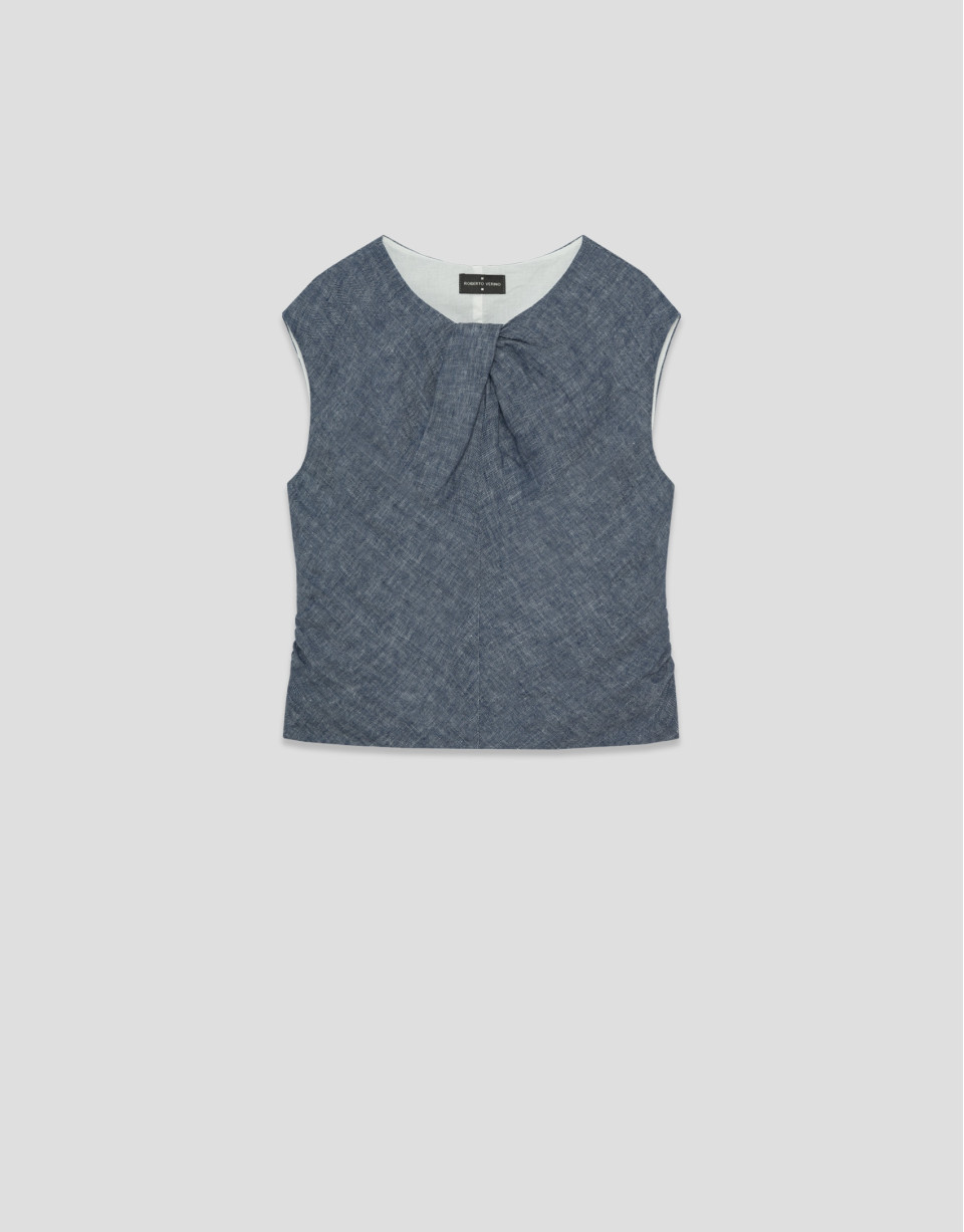 Blusa sin mangas fruncida lino azul - Mujer | Roberto Verino