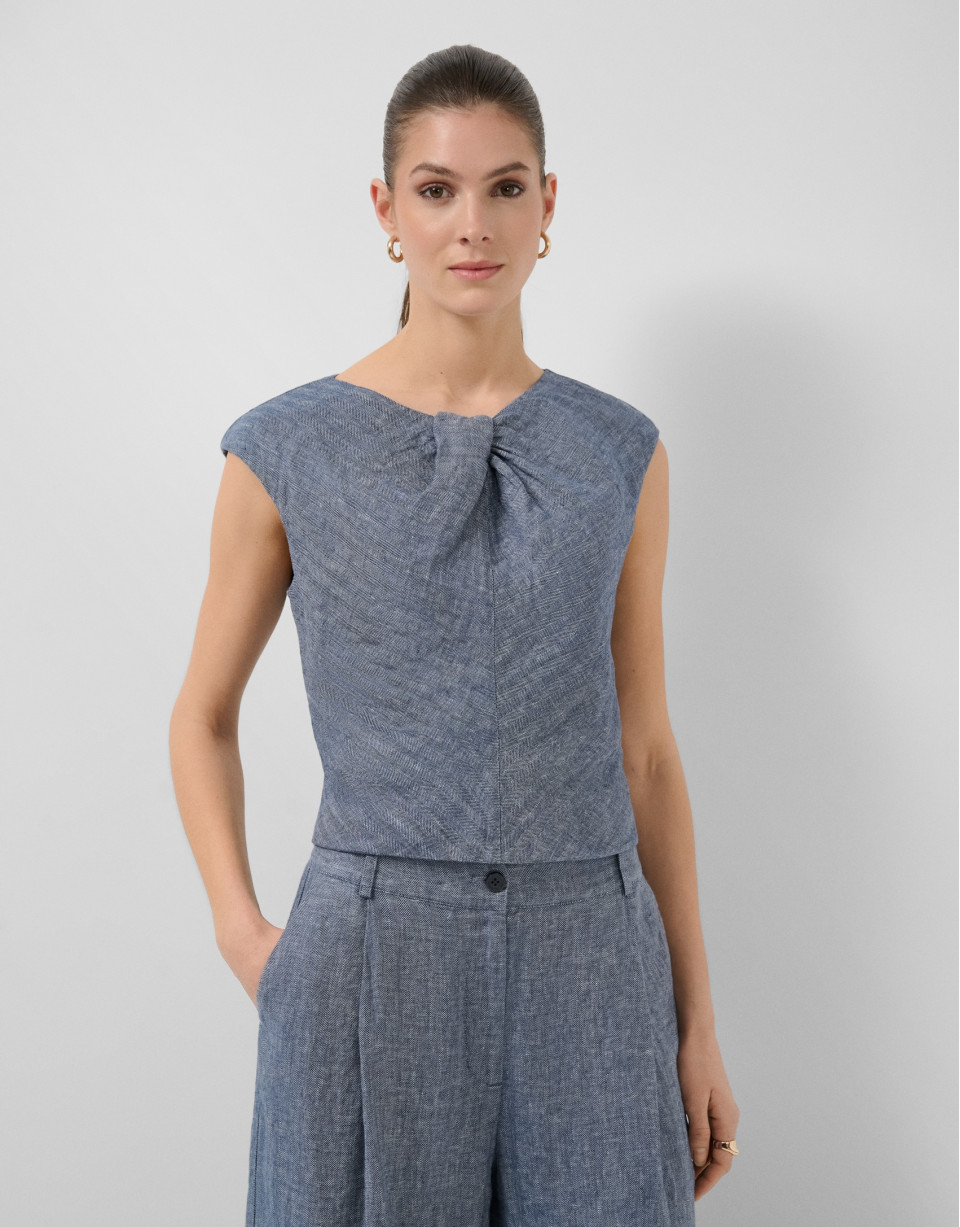 Blusa sin mangas fruncida lino azul - Mujer | Roberto Verino
