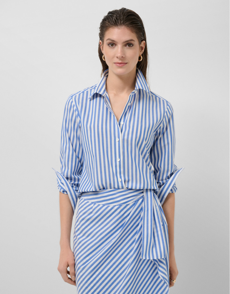 White cotton shirt with blue stripes - Woman | Roberto Verino