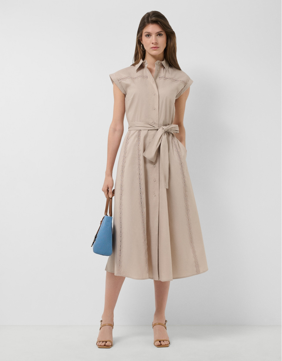 Vestido midi camisero cámel con tiras de encaje | Roberto Verino
