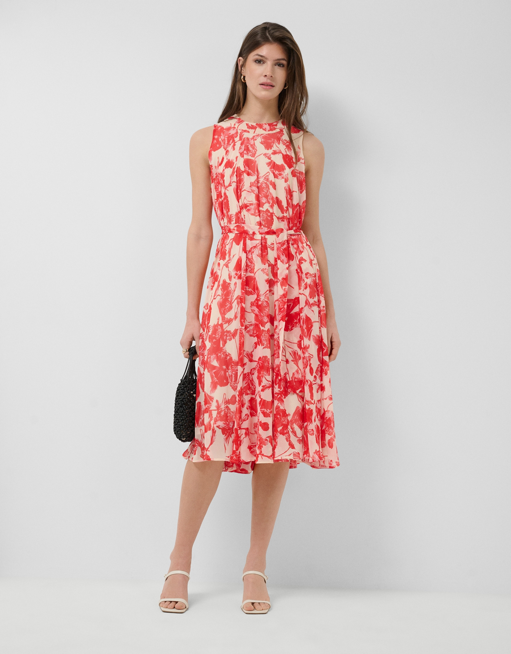 Beige midi dress with red floral print - Woman | Roberto Verino