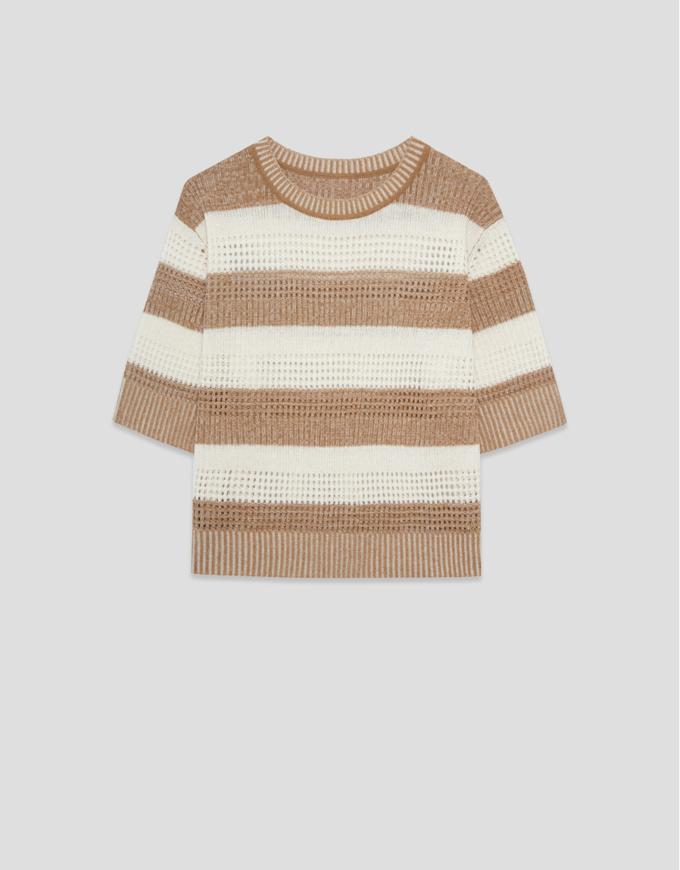 Ecru/camel striped three-quarter sleeve jumper | Roberto Verino
