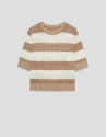 Ecru/camel striped three-quarter sleeve jumper | Roberto Verino
