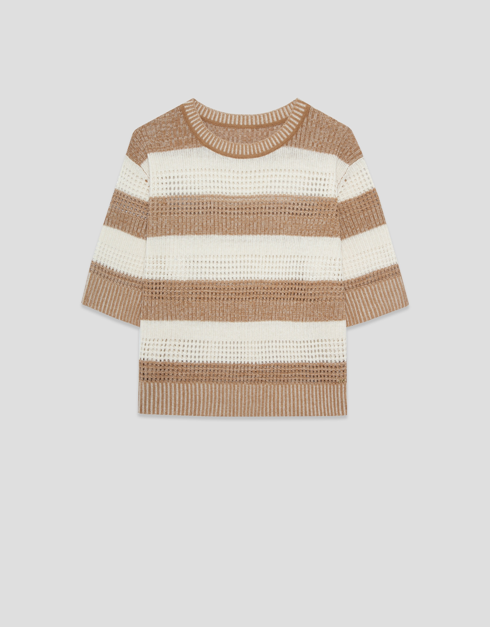 Ecru/camel striped three-quarter sleeve jumper | Roberto Verino