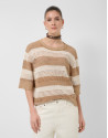 Ecru/camel striped three-quarter sleeve jumper | Roberto Verino