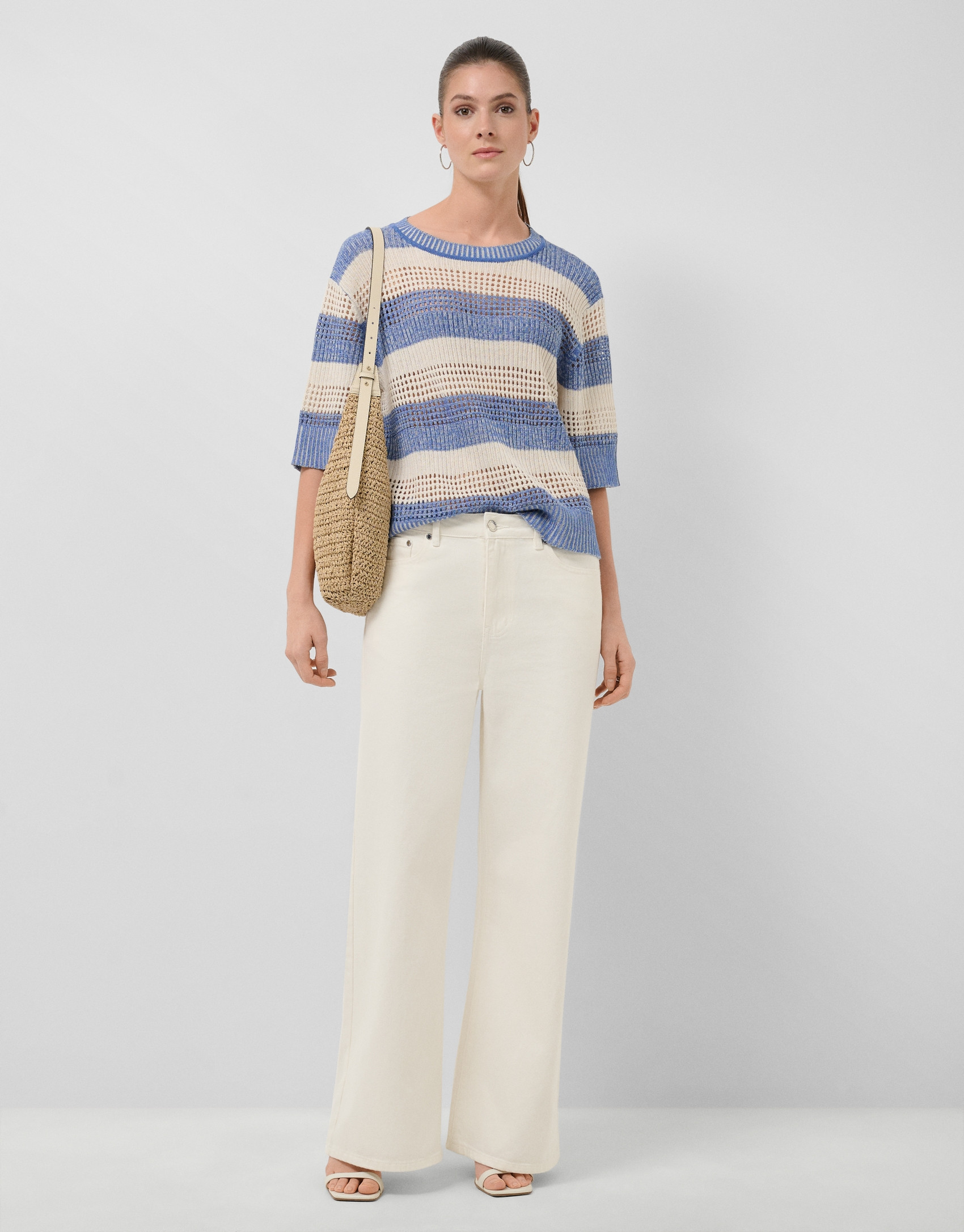 Ecru/blue striped three-quarter sleeve jumper | Roberto Verino