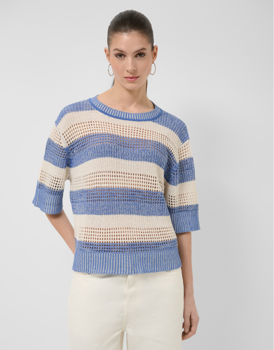 Ecru/blue striped three-quarter sleeve jumper | Roberto Verino