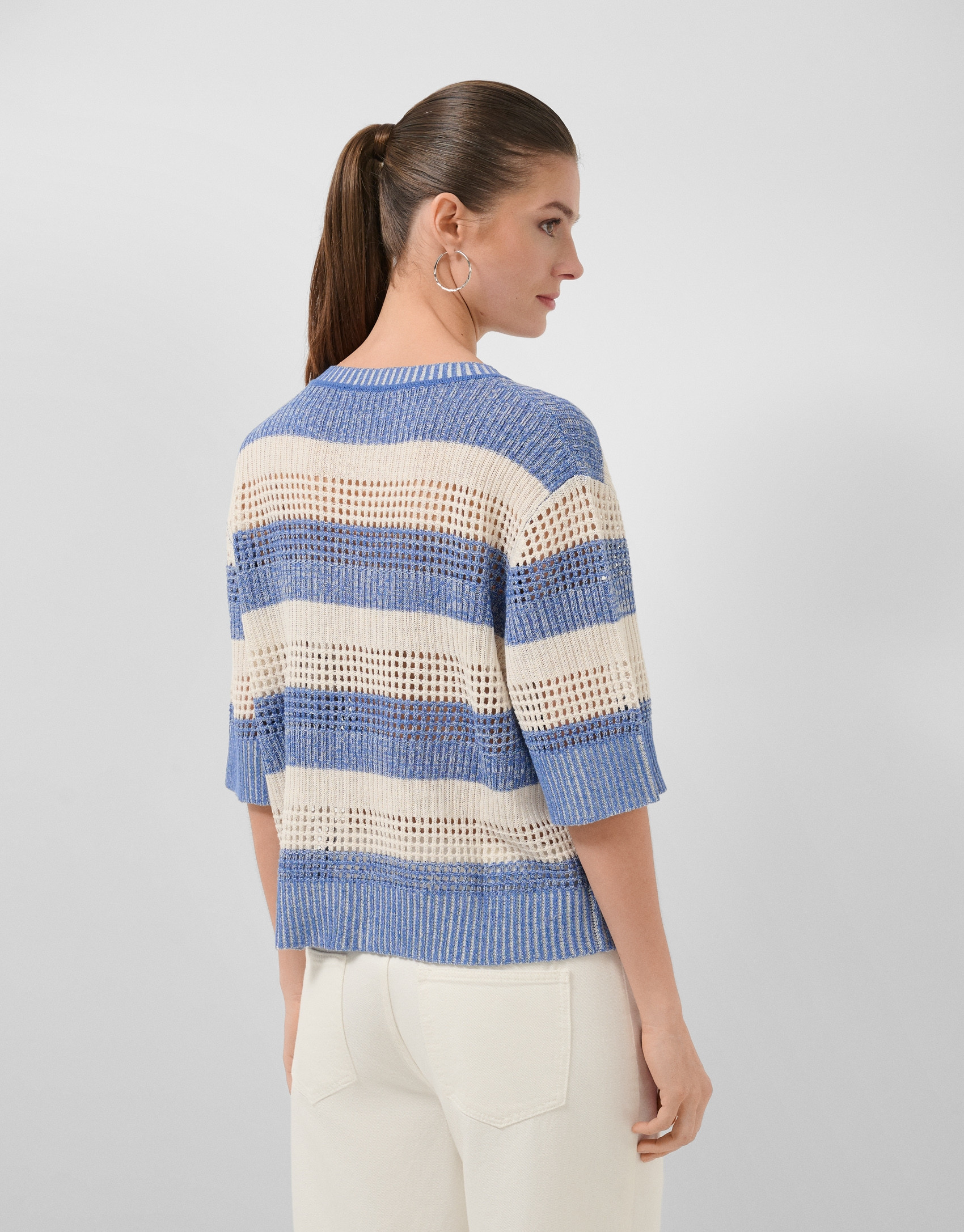 Ecru/blue striped three-quarter sleeve jumper | Roberto Verino