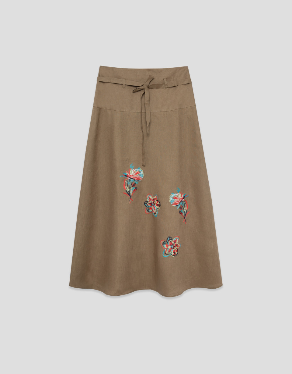 Falda midi en lino cámel con bordado floral | Roberto Verino