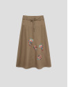 Camel linen midi skirt with floral embroidery | Roberto Verino